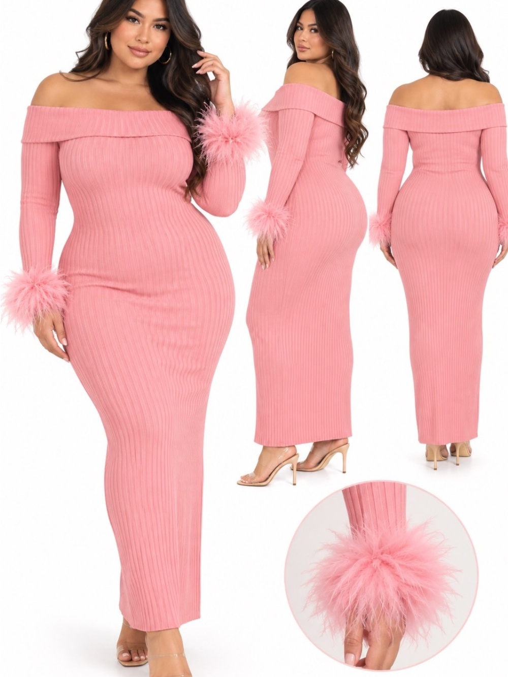 Fashion Nova Pink Off-Shoulder Feather Cuff Ribbed Maxi Dress